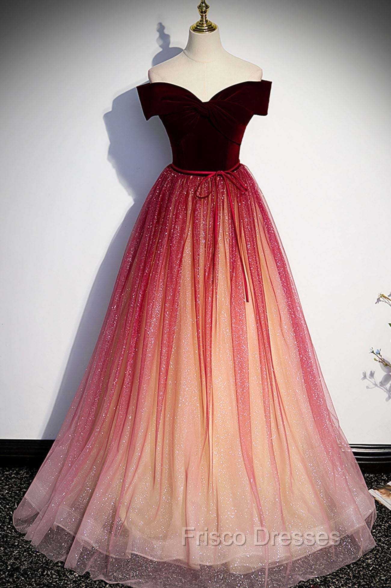 Burgundy Velvet Long A-Line Formal Dress, Off the Shoulder Evening Party Dress Main image