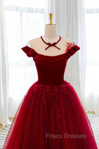 Burgundy Velvet Long A-Line Formal Prom Dress, Burgundy Formal Evening Dress