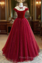 Burgundy Velvet Long A-Line Formal Prom Dress, Burgundy Formal Evening Dress