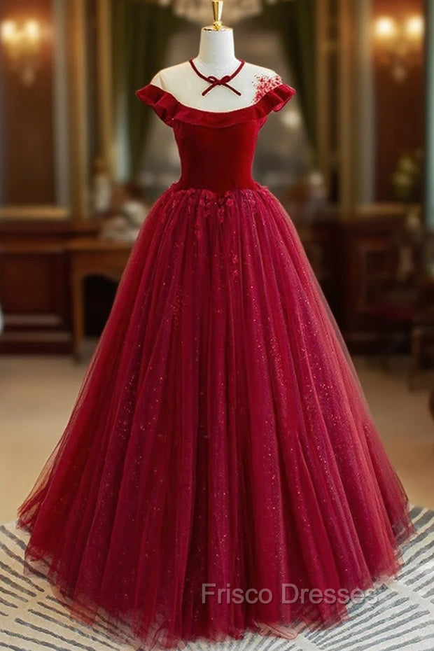 Burgundy Velvet Long A-Line Formal Prom Dress, Burgundy Formal Evening Dress