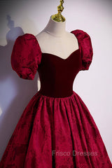 Burgundy Velvet Long A-Line Formal Prom Dress, Burgundy Short Sleeve Evening Dress