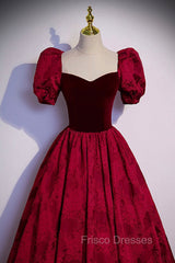 Burgundy Velvet Long A-Line Formal Prom Dress, Burgundy Short Sleeve Evening Dress
