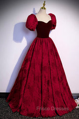 Burgundy Velvet Long A-Line Formal Prom Dress, Burgundy Short Sleeve Evening Dress
