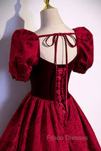 Burgundy Velvet Long A-Line Formal Prom Dress, Burgundy Short Sleeve Evening Dress