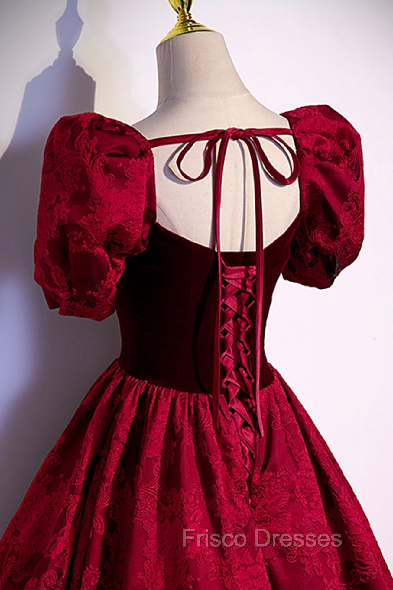 Burgundy Velvet Long A-Line Formal Prom Dress, Burgundy Short Sleeve Evening Dress