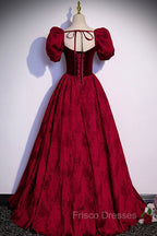 Burgundy Velvet Long A-Line Formal Prom Dress, Burgundy Short Sleeve Evening Dress