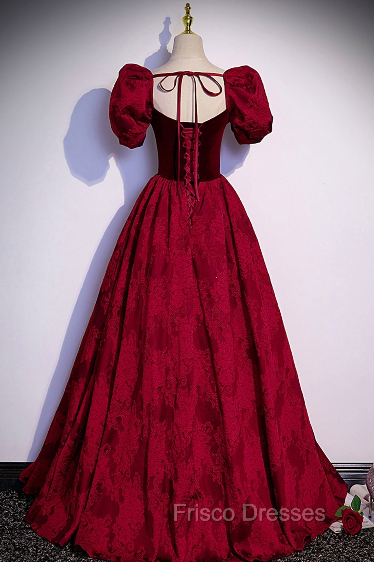 Burgundy Velvet Long A-Line Formal Prom Dress, Burgundy Short Sleeve Evening Dress
