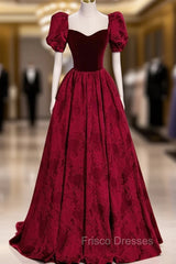 Burgundy Velvet Long A-Line Formal Prom Dress, Burgundy Short Sleeve Evening Dress