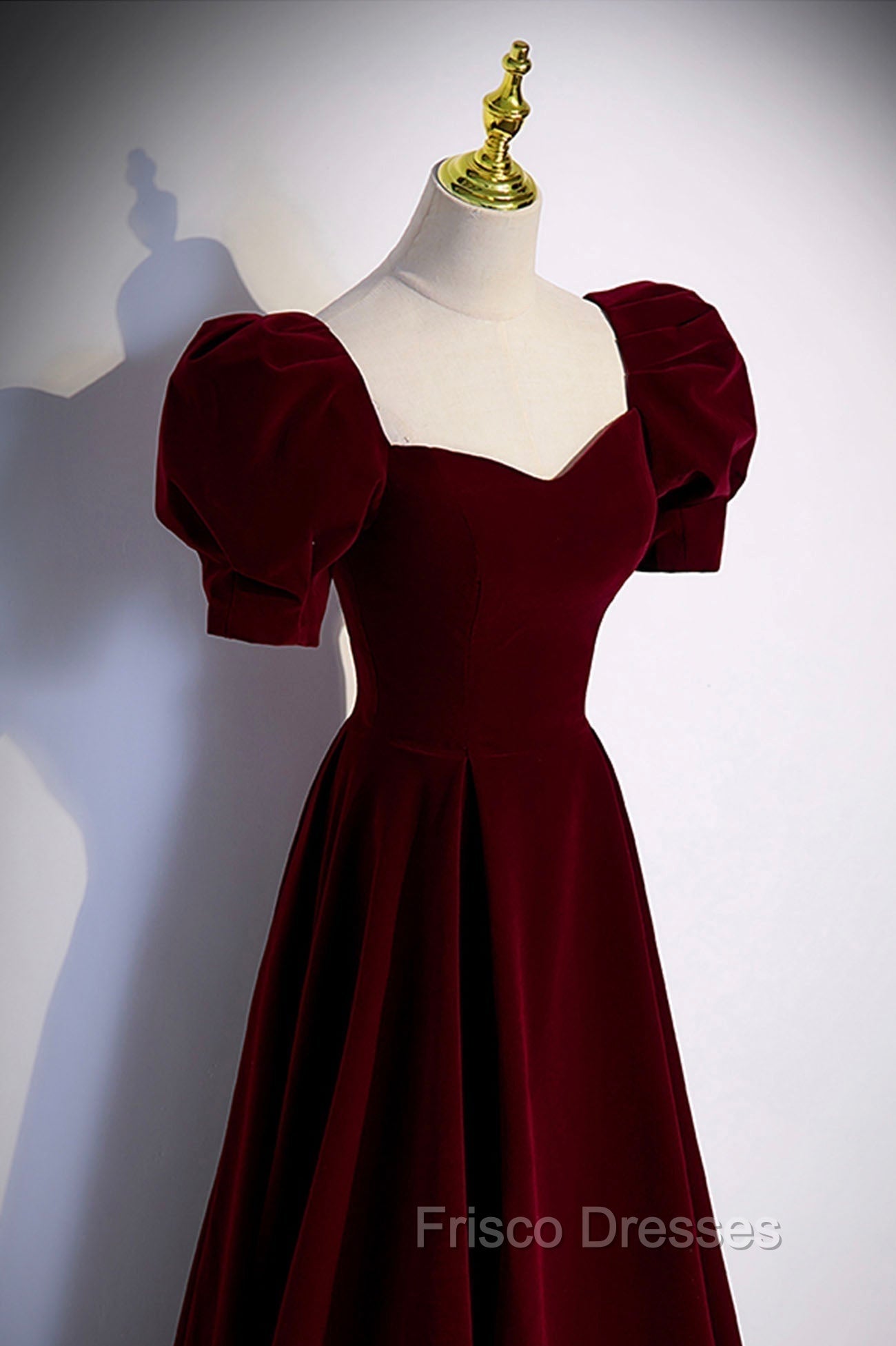 Burgundy Velvet Long A-Line Formal Prom Dress, Simple Short Sleeve Party Dress