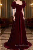 Burgundy Velvet Long A-Line Formal Prom Dress, Simple Short Sleeve Party Dress