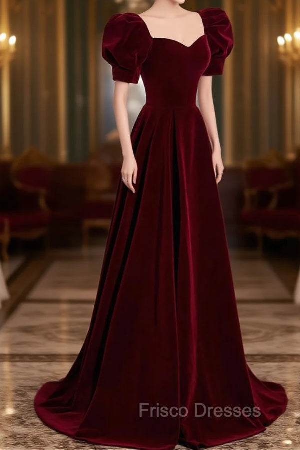 Burgundy Velvet Long A-Line Formal Prom Dress, Simple Short Sleeve Party Dress
