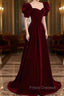 Burgundy Velvet Long A-Line Formal Prom Dress, Simple Short Sleeve Party Dress