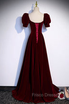 Burgundy Velvet Long A-Line Formal Prom Dress, Simple Short Sleeve Party Dress