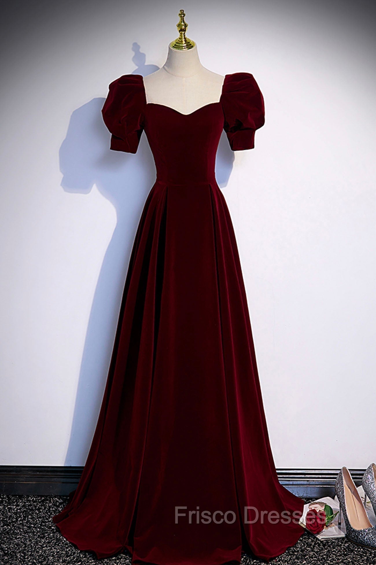 Burgundy Velvet Long A-Line Formal Prom Dress, Simple Short Sleeve Party Dress Main image