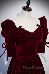 Burgundy Velvet Long Evening Party Dress, A-Line Short Sleeve Formal Prom Dress