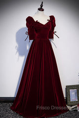 Burgundy Velvet Long Evening Party Dress, A-Line Short Sleeve Formal Prom Dress