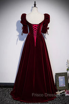 Burgundy Velvet Long Evening Party Dress, A-Line Short Sleeve Formal Prom Dress