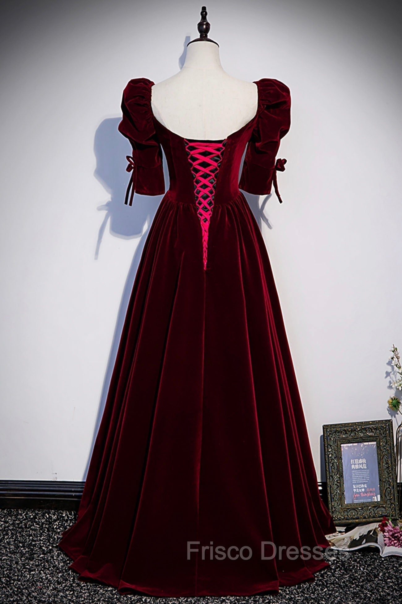 Burgundy Velvet Long Evening Party Dress, A-Line Short Sleeve Formal Prom Dress