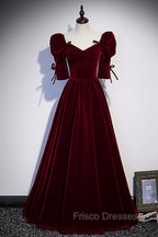 Burgundy Velvet Long Evening Party Dress, A-Line Short Sleeve Formal Prom Dress