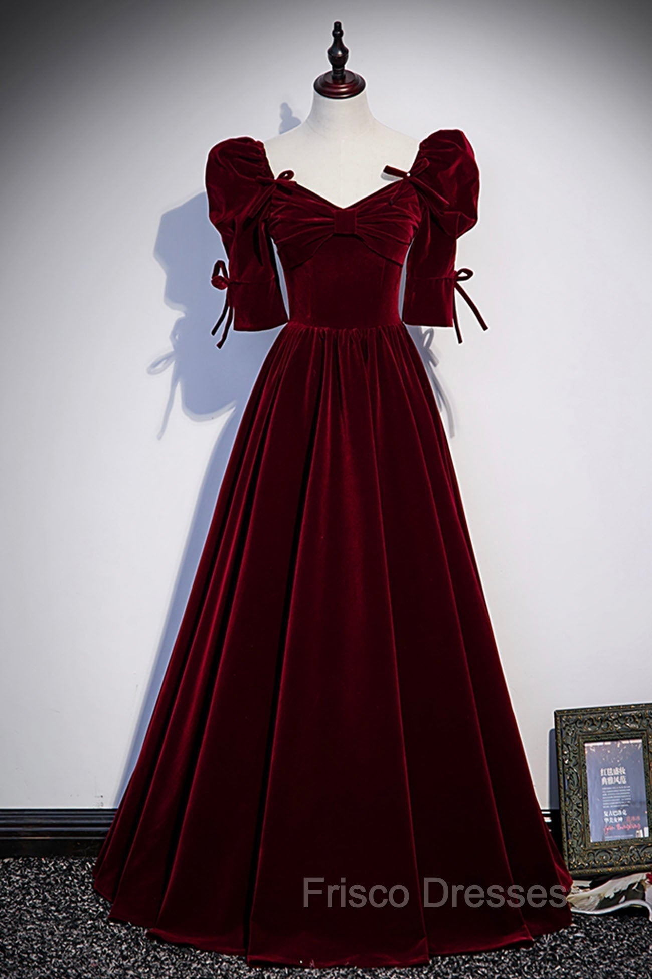 Burgundy Velvet Long Evening Party Dress, A-Line Short Sleeve Formal Prom Dress