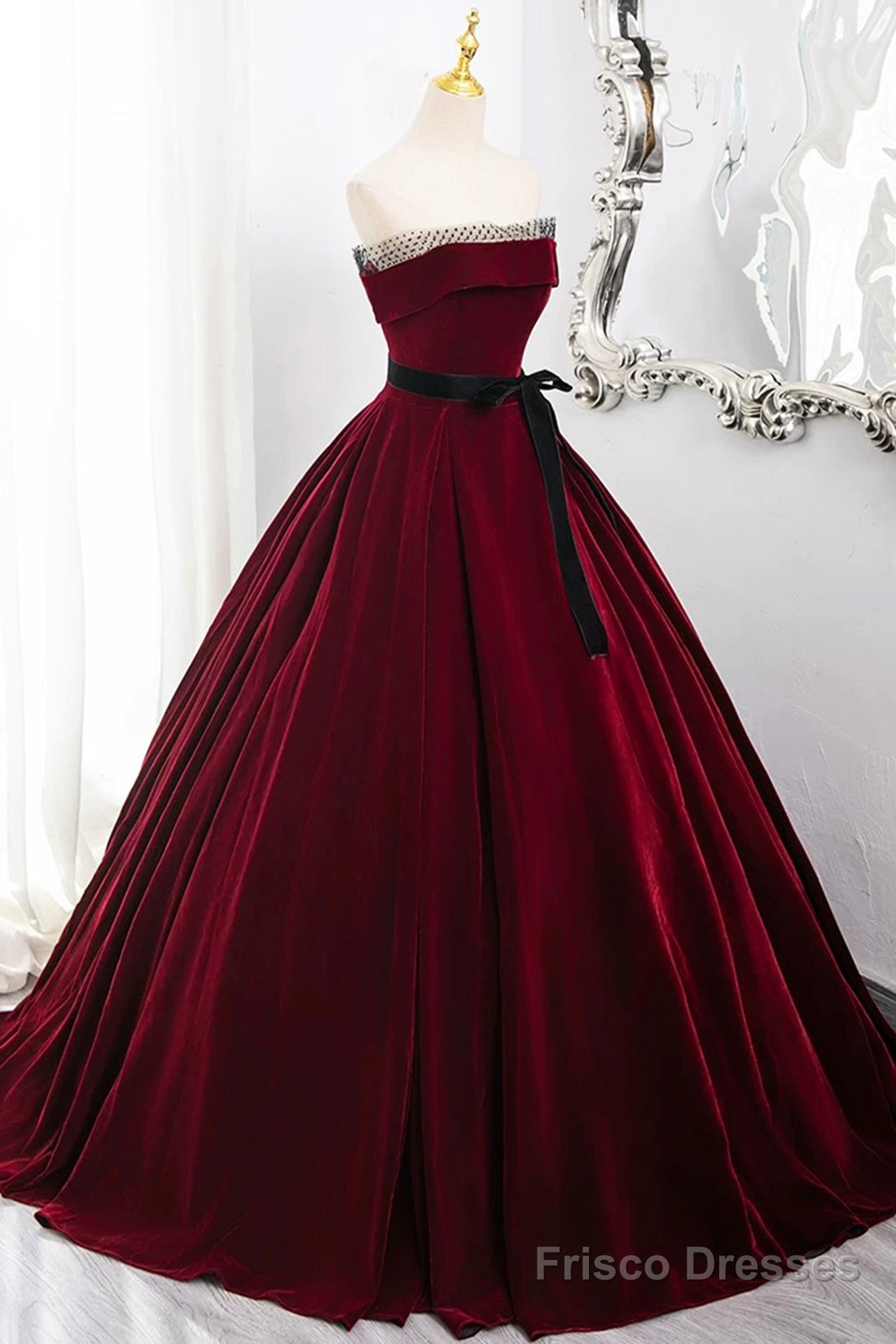 Burgundy Velvet Long Formal Dress, Off The Shoulder Evening Party Dress Secondary image