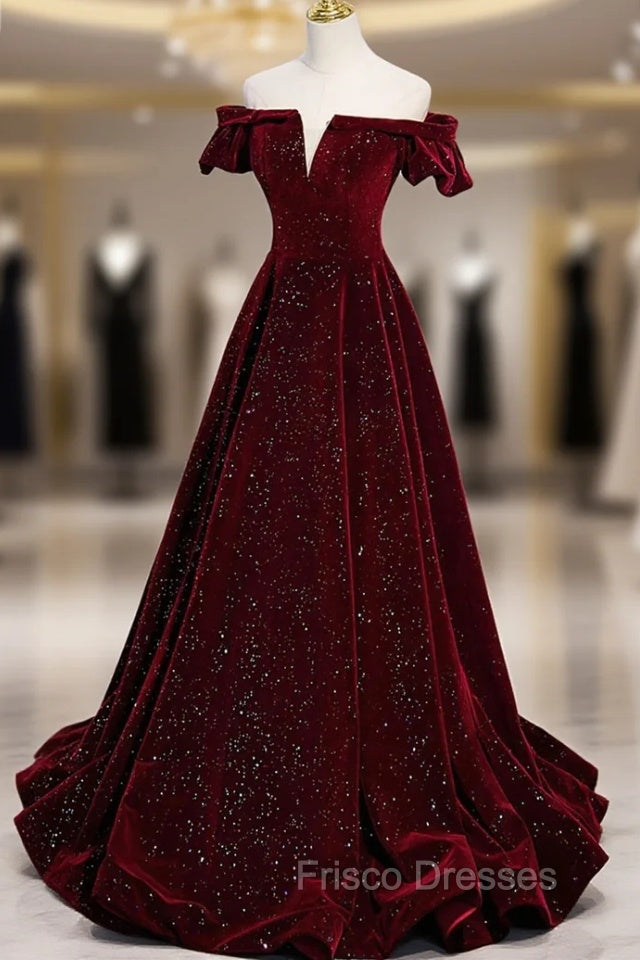 Burgundy Velvet Long Formal Prom Dress, A-Line Off the Shoulder Evening Dress