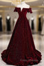 Burgundy Velvet Long Formal Prom Dress, A-Line Off the Shoulder Evening Dress