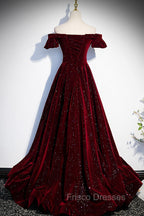Burgundy Velvet Long Formal Prom Dress, A-Line Off the Shoulder Evening Dress