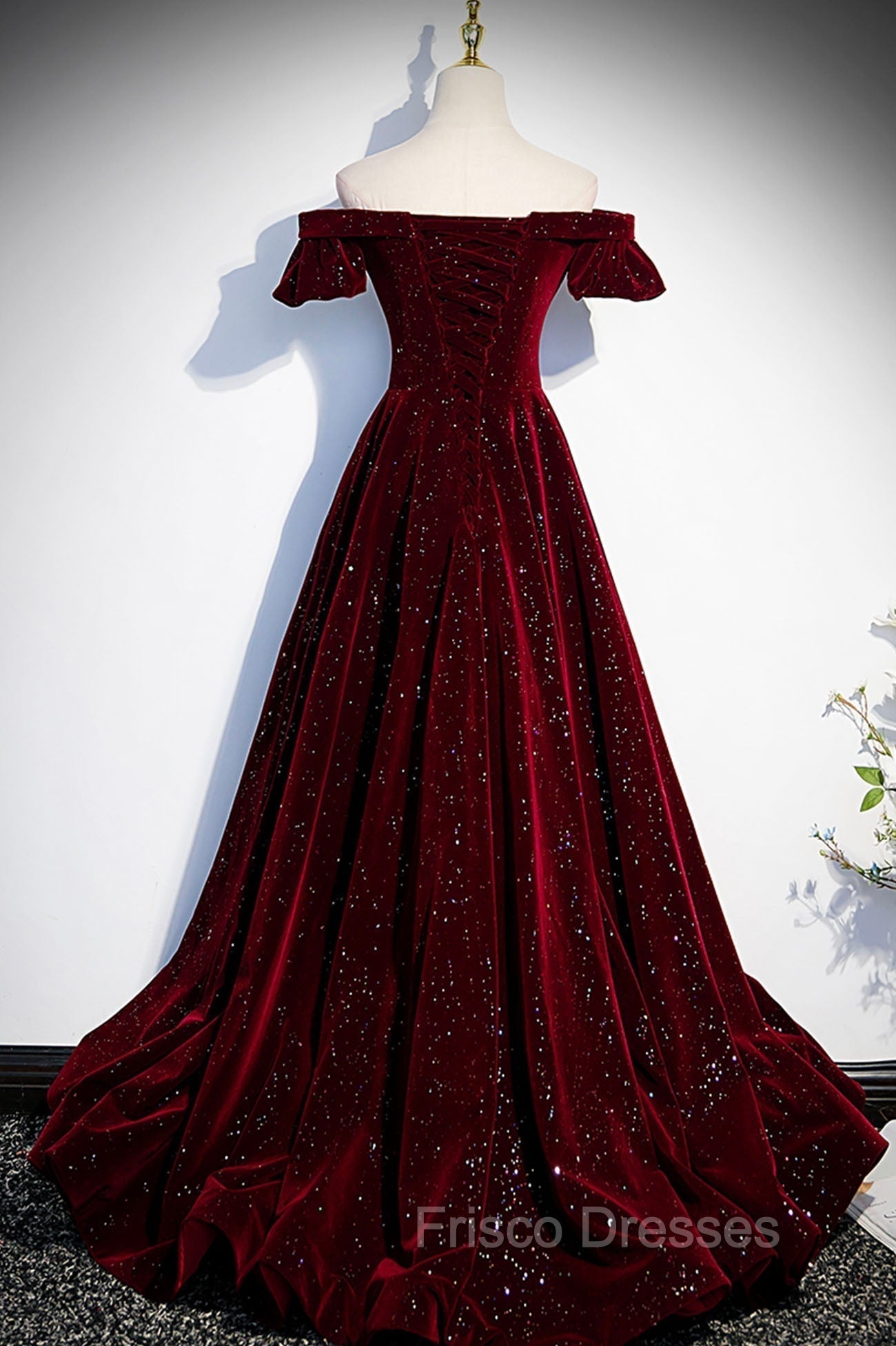 Burgundy Velvet Long Formal Prom Dress, A-Line Off the Shoulder Evening Dress