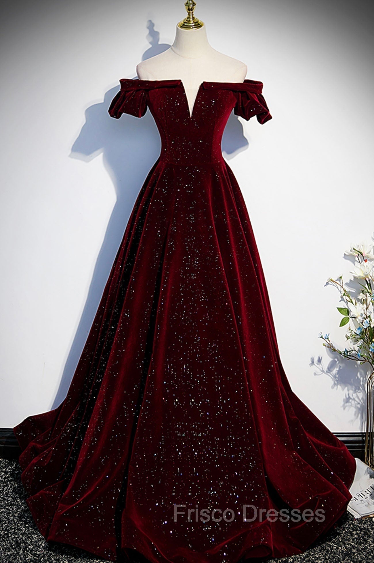 Burgundy Velvet Long Formal Prom Dress, A-Line Off the Shoulder Evening Dress Main image