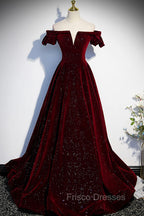 Burgundy Velvet Long Formal Prom Dress, A-Line Off the Shoulder Evening Dress