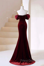 Burgundy Velvet Long Formal Prom Dress, Burgundy Off Shoulder Pearl Evening Dress
