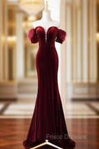 Burgundy Velvet Long Formal Prom Dress, Burgundy Off Shoulder Pearl Evening Dress