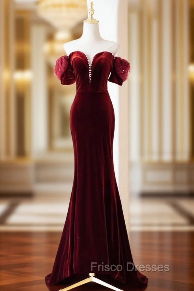 Burgundy Velvet Long Formal Prom Dress, Burgundy Off Shoulder Pearl Evening Dress