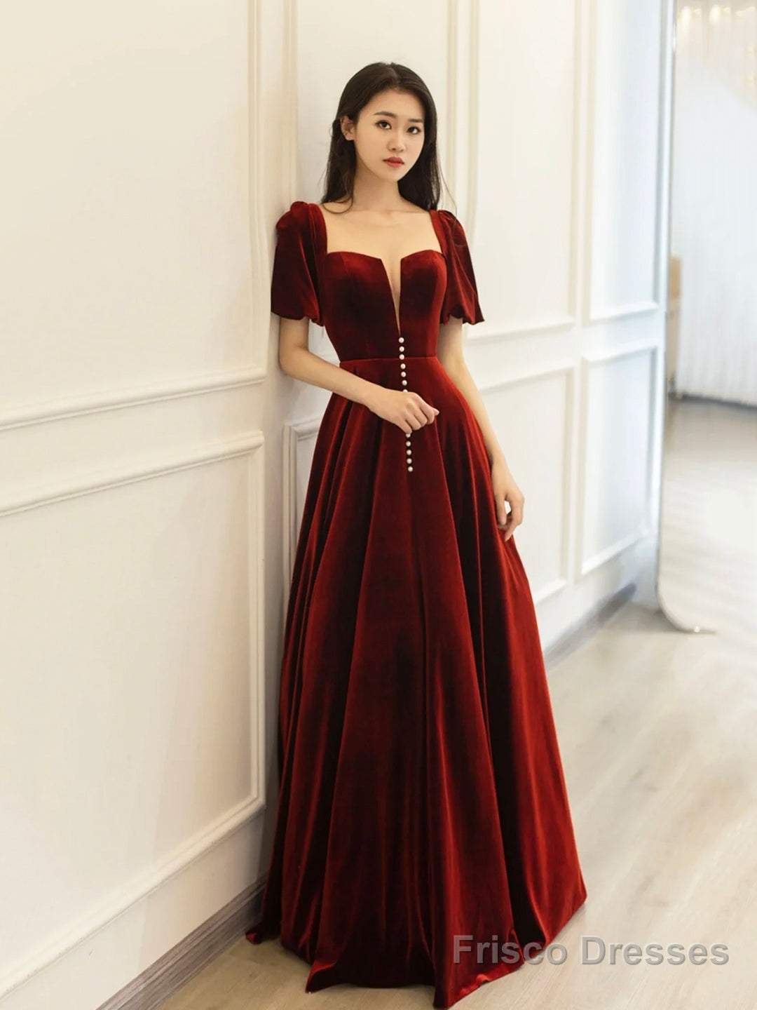 Burgundy Velvet Long Prom Dress, Elegant A-Line Short Sleeve Evening Party Dress Main image