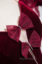 Burgundy Velvet Long Formal Prom Dress, Mermaid Short Sleeve Party Dress Wit Bow