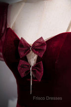 Burgundy Velvet Long Formal Prom Dress, Mermaid Short Sleeve Party Dress Wit Bow