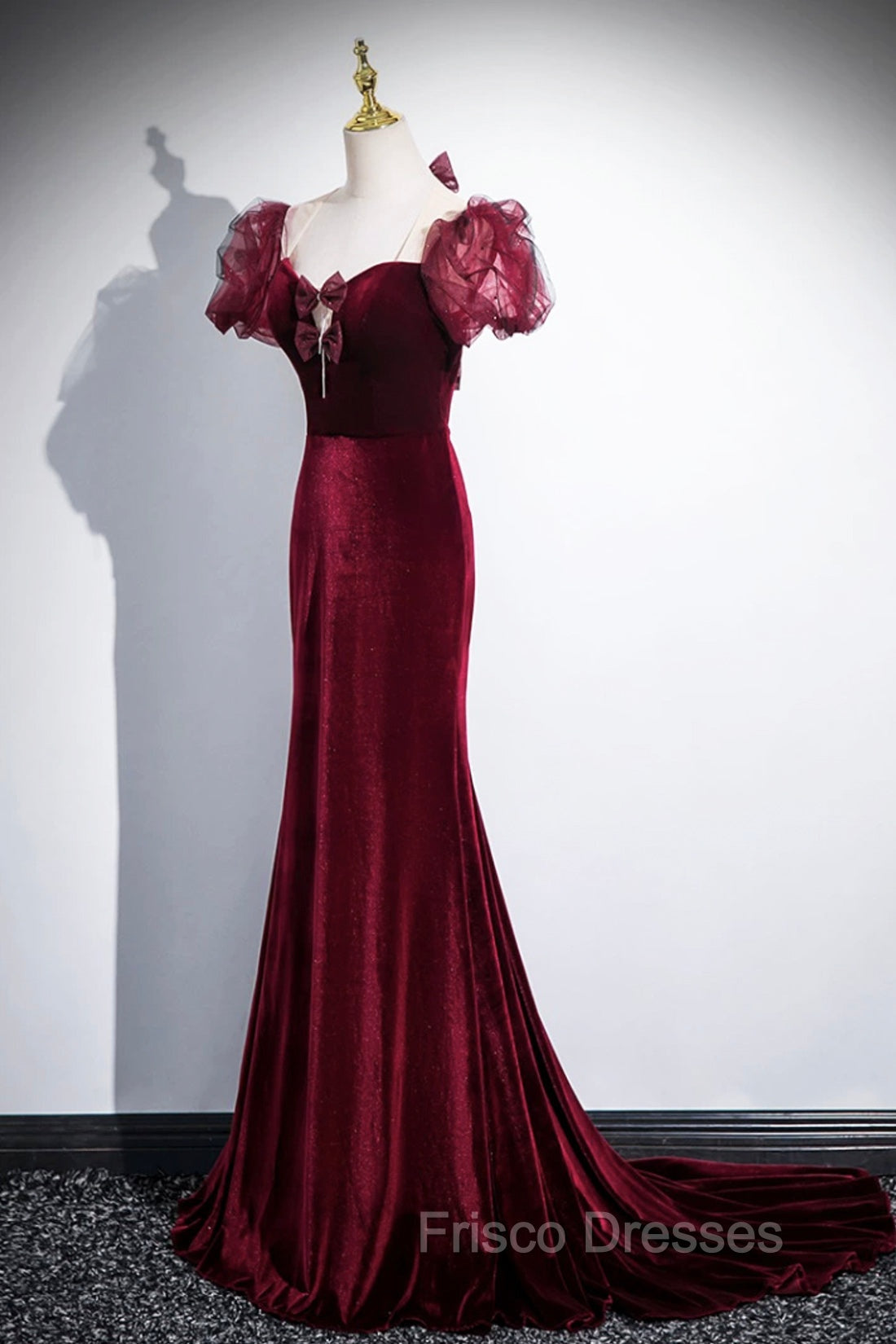 Burgundy Velvet Long Formal Prom Dress, Mermaid Short Sleeve Party Dress Wit Bow