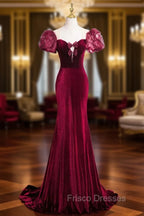 Burgundy Velvet Long Formal Prom Dress, Mermaid Short Sleeve Party Dress Wit Bow