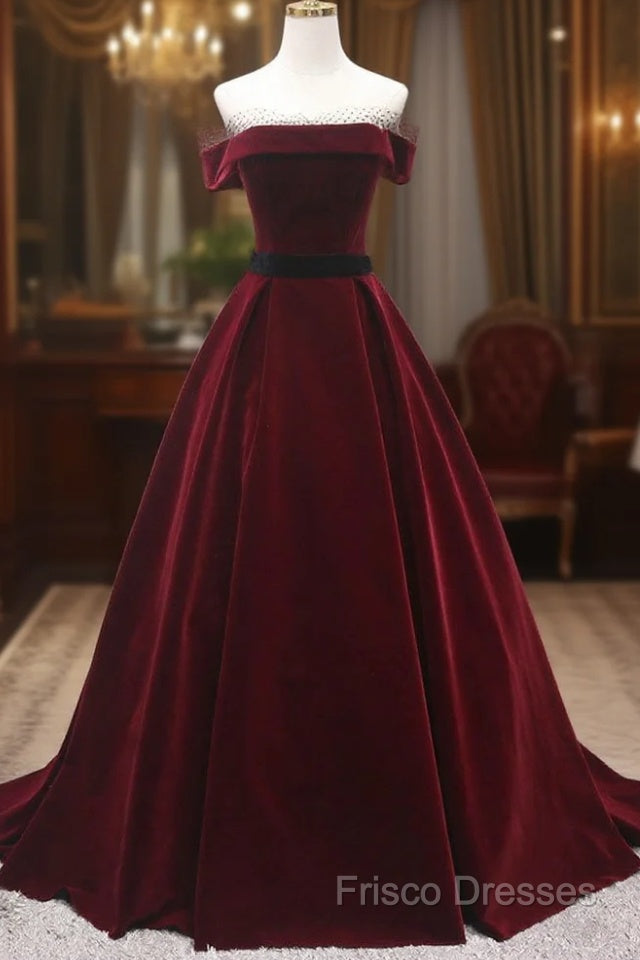 Burgundy Velvet Long Formal Prom Dress, A-Line Formal Dress Main image
