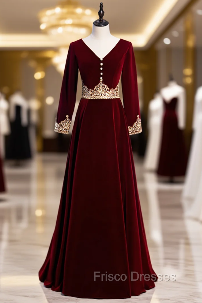 Burgundy Velvet Long Sleeve Appliques V-neck Formal Prom Dress Main image