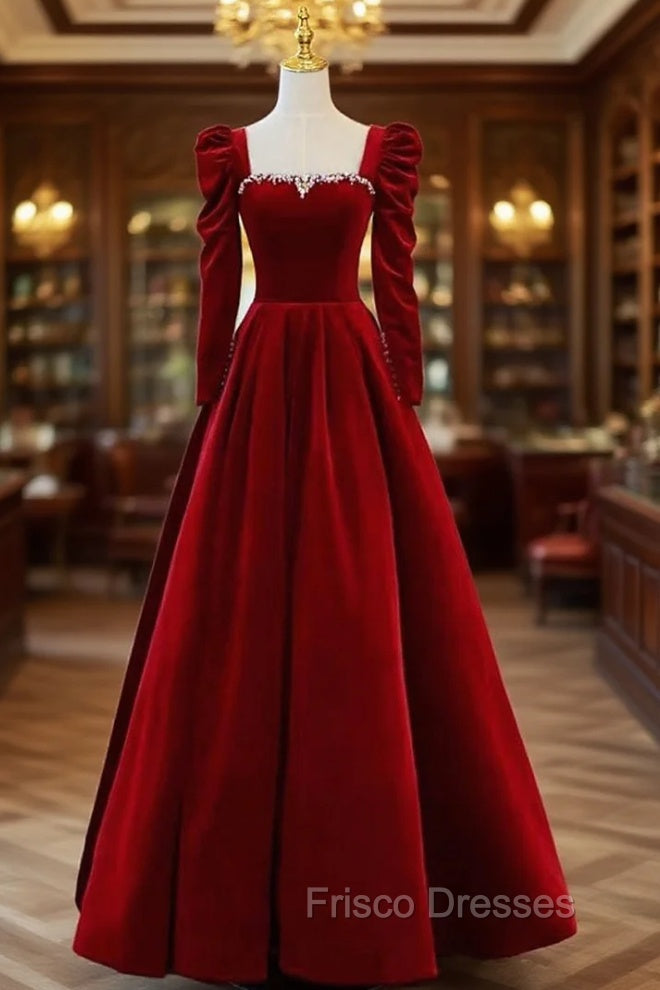 Burgundy Velvet Long Sleeve Crystal Formal Prom Dress Main image