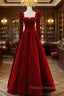 Burgundy Velvet Long Sleeve Crystal Formal Prom Dress