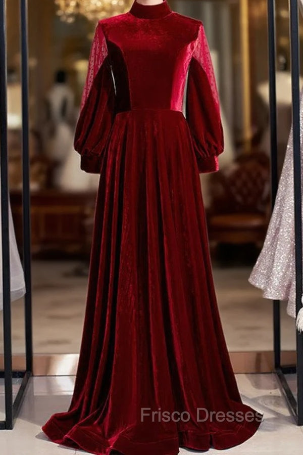 Burgundy Velvet Long Sleeve High Neck Formal Prom Dress Main image