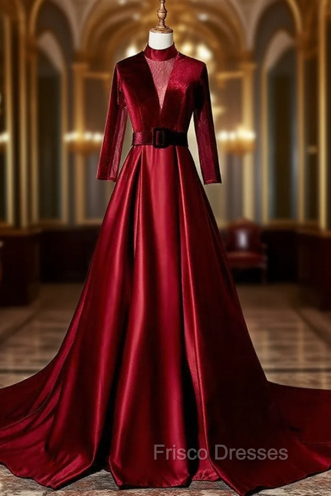 Burgundy Velvet Long Sleeve High Neck See Through Back Formal Prom Dress