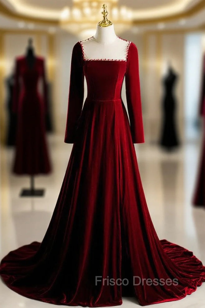 Burgundy Velvet Long Sleeve Pearls Formal Prom Dress Main image
