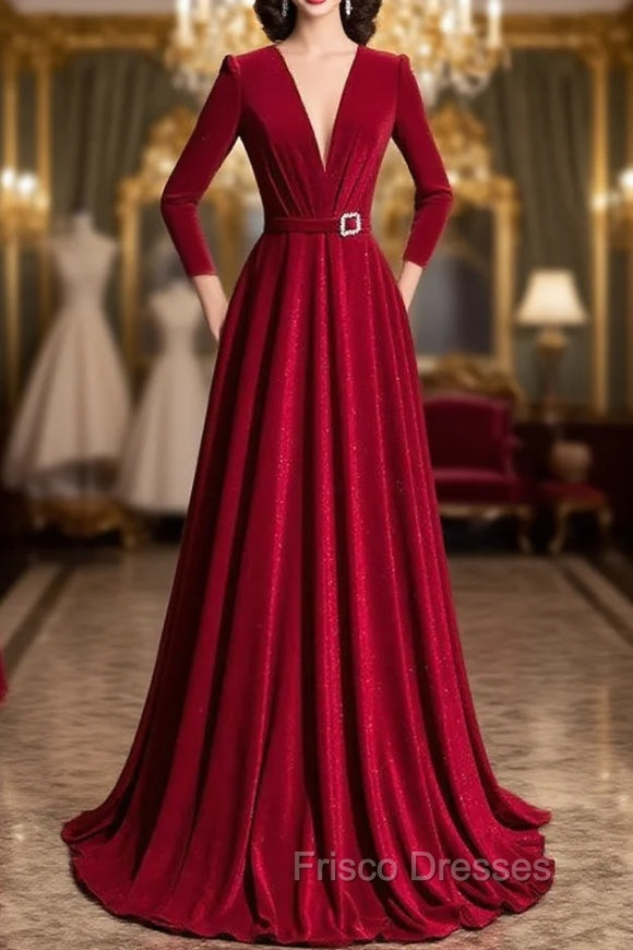 Burgundy Velvet Long Sleeve Pleats Formal Prom Dress Main image