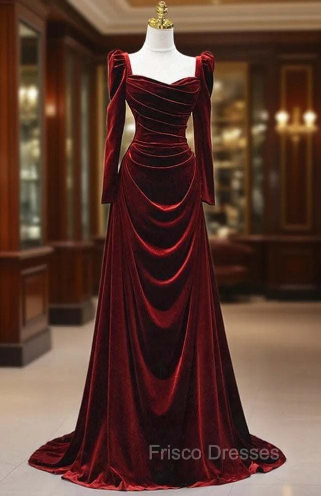 Burgundy Velvet Long Sleeve Pleats Square Neck Formal Prom Dress Main image