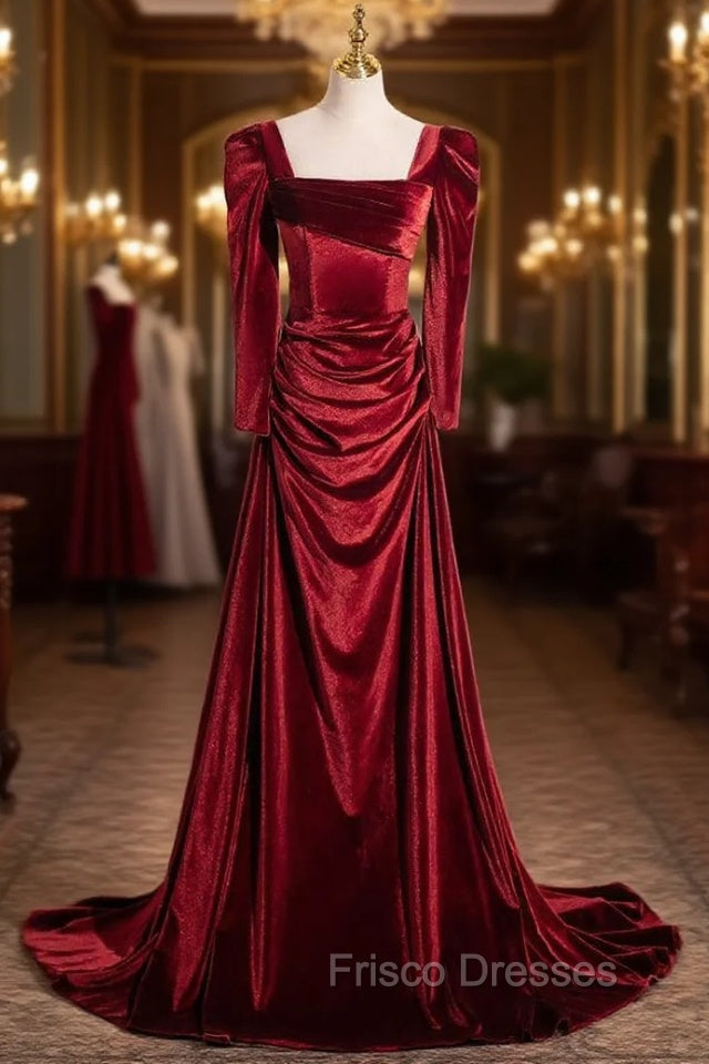 Burgundy Velvet Long Sleeve Pleats Square Formal Prom Dress Main image