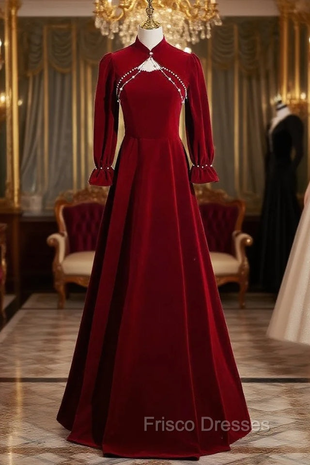 Burgundy Velvet Long Sleeve Formal Prom Dress Main image